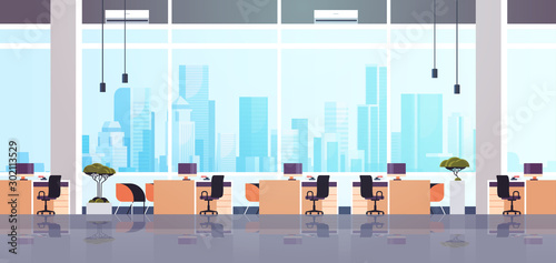 creative office co-working center empty no people workspace with furniture modern cabinet interior flat horizontal vector illustration