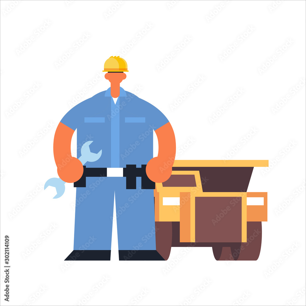 Obraz premium male technician mechanic wearing hard hat busy workman holding wrench industrial construction worker in uniform building car cervice concept flat full length vector illustration