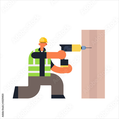 male builder using electric drill busy workman industrial construction carpenter worker in uniform drilling hole in wooden plank building concept flat full length vector illustration