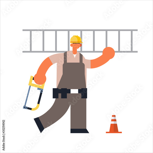 male builder carrying ladder and hacksaw busy workman industrial construction worker in uniform building concept flat full length vector illustration