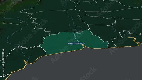 Samut Sakhon - province of Thailand with its capital zoomed on the physical map of the globe. Animation 3D photo