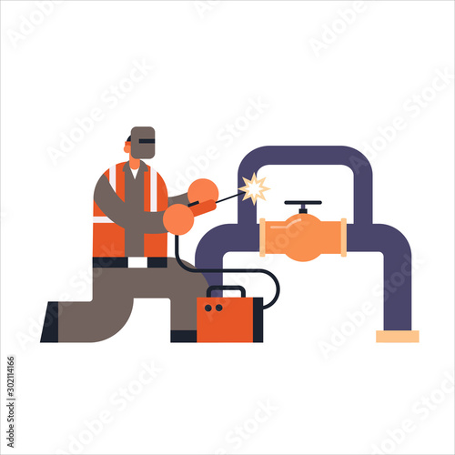 welder in protective mask welding big pipe steel pipelines welded by welding machine busy workman industrial construction worker in uniform building concept flat full length vector illustration