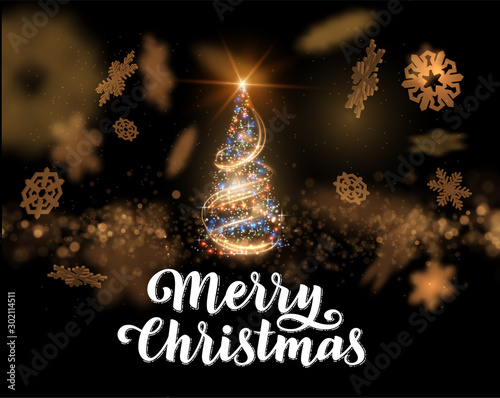 Merry Christmas shiny tree silhouette holiday background