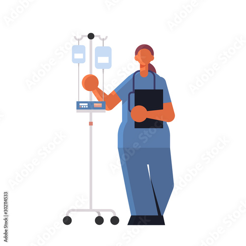 female doctor anesthesiologist in uniform holding dropper medicine healthcare concept hospital medical clinic worker with stethoscope full length white background flat vector illustration