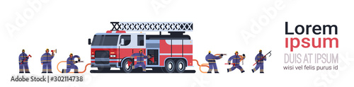 brave firemen at fire truck getting ready to extinguishing fire firefighters wearing uniform and helmet firefighting emergency service concept flat full length horizontal copy space vector