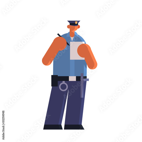 male police officer writing report parking fine policeman in uniform security authority justice law service concept flat full length white background vector illustration