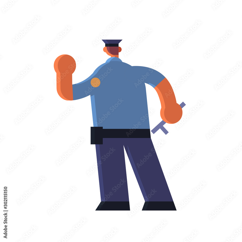 male police officer holding hand with stop gesture policeman in uniform holding stick security authority justice law service concept flat full length white background vector illustration