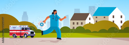 female doctor with first aid kit running to help patient medicine healthcare emergency concept ambulance car cottage houses landscape backgrund full length flat horizontal vector illustration