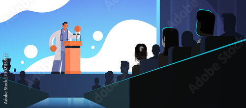 male doctor in white coat giving speech from tribune with microphones medicine healthcare concept people group silhouettes conference meeting seminar flat horizontal vector illustration