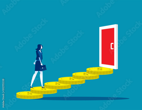 Business woman walk on coin to the door. Concept business currency vector illustration, Steps