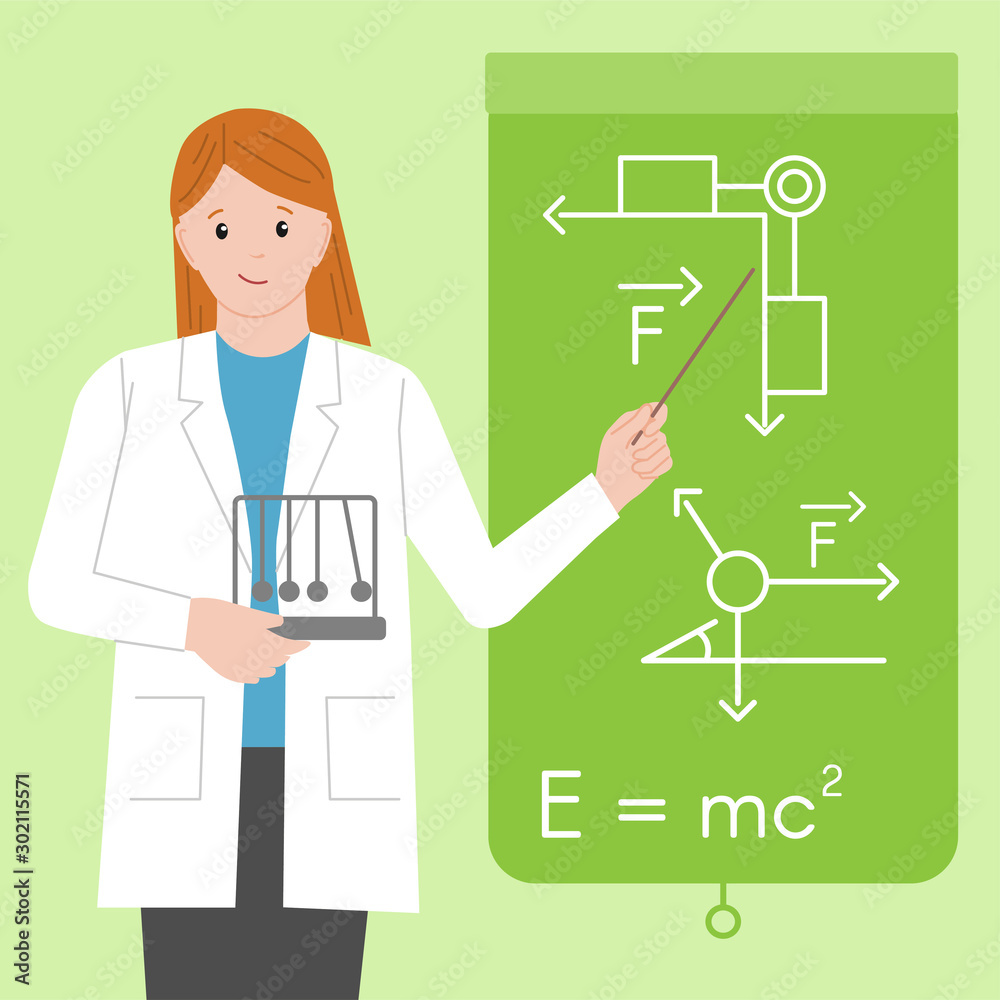 Physicist woman with pendulum and a pointer. International Day of Women and Girls in Science. Woman scientist and physicist. Vector illustration in a flat style. Isolated. Physicist woman with pendulum and a pointer. International Day of Women and Girls in Science. Woman scientist and physicist. Vector illustration in a flat style. Isolated.