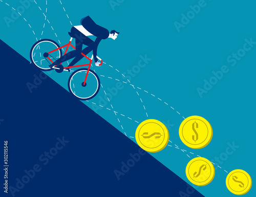 Business men ride bicycle on the coins that fall. Concept business financial vector illustration, Coin & Currency