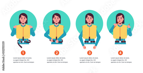 set guidance from the stewardess flight attendant woman explaining safety instructions with life vest step by step demonstration how to behave in emergency situation portrait horizontal copy space