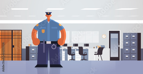 officer standing pose policeman in uniform security authority justice law service concept modern police department office interior flat full length horizontal vector illustration