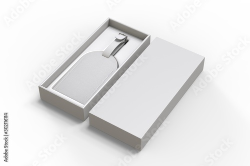 Leather Personal Blank Luggage Tag Gift Box for Promotional Branding, 3d render illustration.