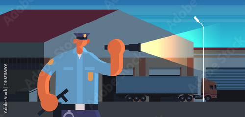 police officer using flashlight policeman in uniform security authority justice law service concept night warehouse building exterior flat portrait horizontal vector illustration