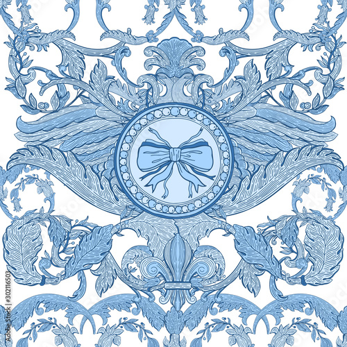 Seamless pattern baroque blue color.Vintage floral victorian ornamental.