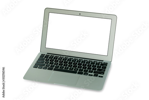 Hand of man using notebook computer work equipment on isolated white background Technology concept