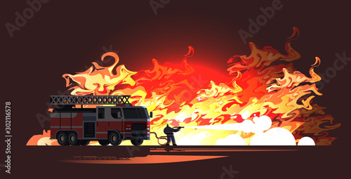 brave fireman near fire truck extinguishing flame firefighter wearing uniform and helmet spraying water to wildfire firefighting emergency service concept flat full length horizontal vector