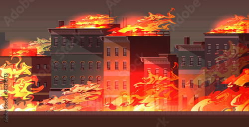 fire in burning buildings on city street orange flame cityscape background flat horizontal vector illustration