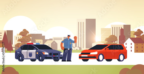 police officer stopping the car checking vehicle on road traffic safety regulations concept flat full length cityscape background horizontal vector illustration