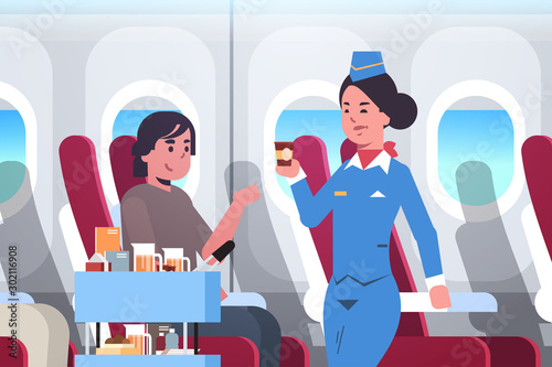flight attendant serving drinks to passenger stewardess in uniform pushing trolley cart professional service travel concept modern airplane board interior portrait horizontal flat vector illustration