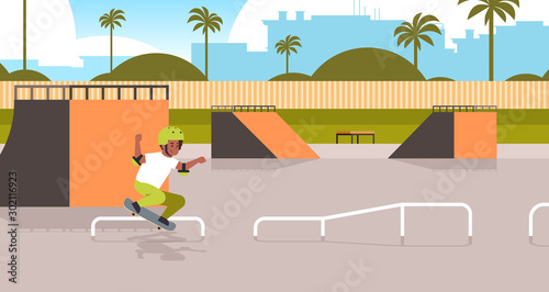 male skater performing tricks in public skate board park with ramp for skateboarding teenager having fun riding skateboard landscape background flat full length horizontal vector illustration.