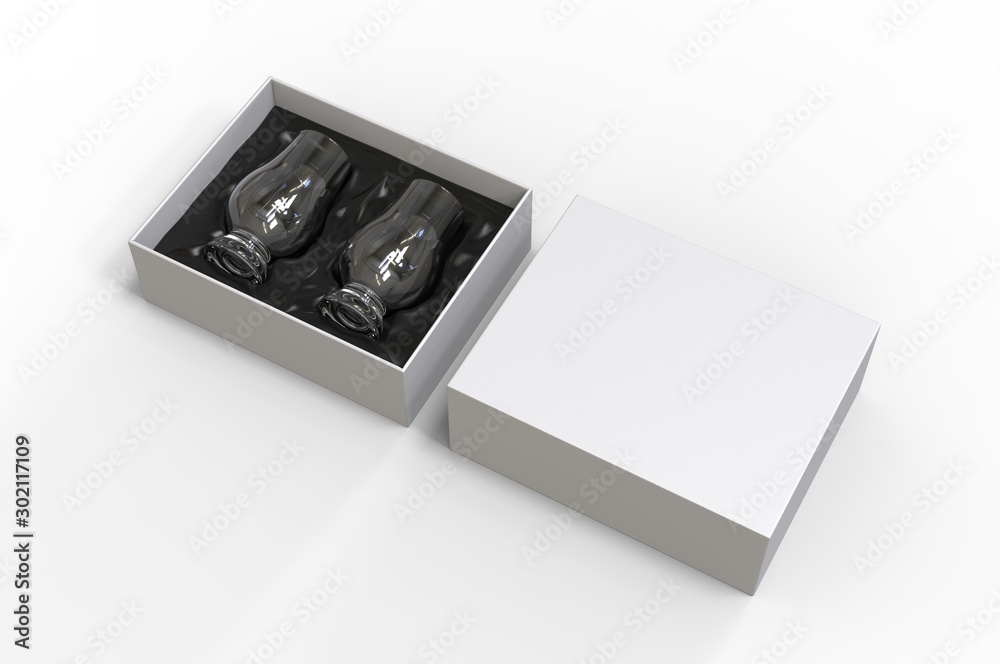 Fototapeta premium Crystal Whiskey Glasses gift hard box for branding. 3d render illustration.