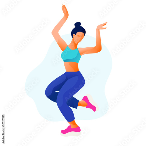 Happy jumping dancing girl or woman dancing in fitness studio vector illustration. Aerobic fitness dance. 