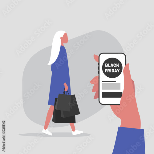 Black Friday sale, young female character ordering purchases from online store