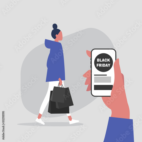 Black friday sale, young female character ordering purchases from online store