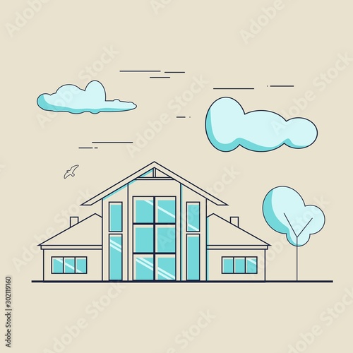 Thin line style suburban house. For web design and application interface. Real estate business illustration