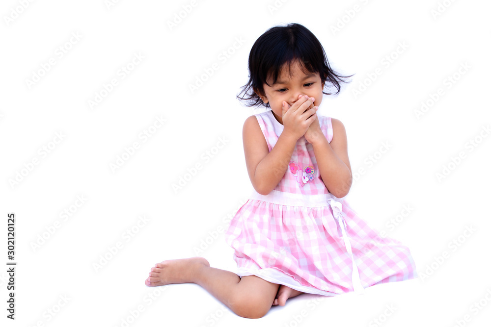 Little girl she is covering her mouth and lollipop isolated on white background Little girl she is covering her mouth and lollipop isolated on white background