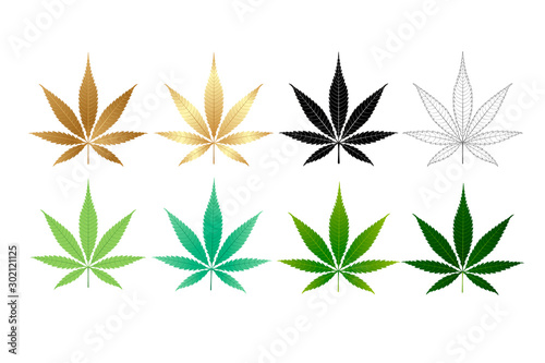 Vector Marijuana Green icon and blak Leaf set isolated on white background.