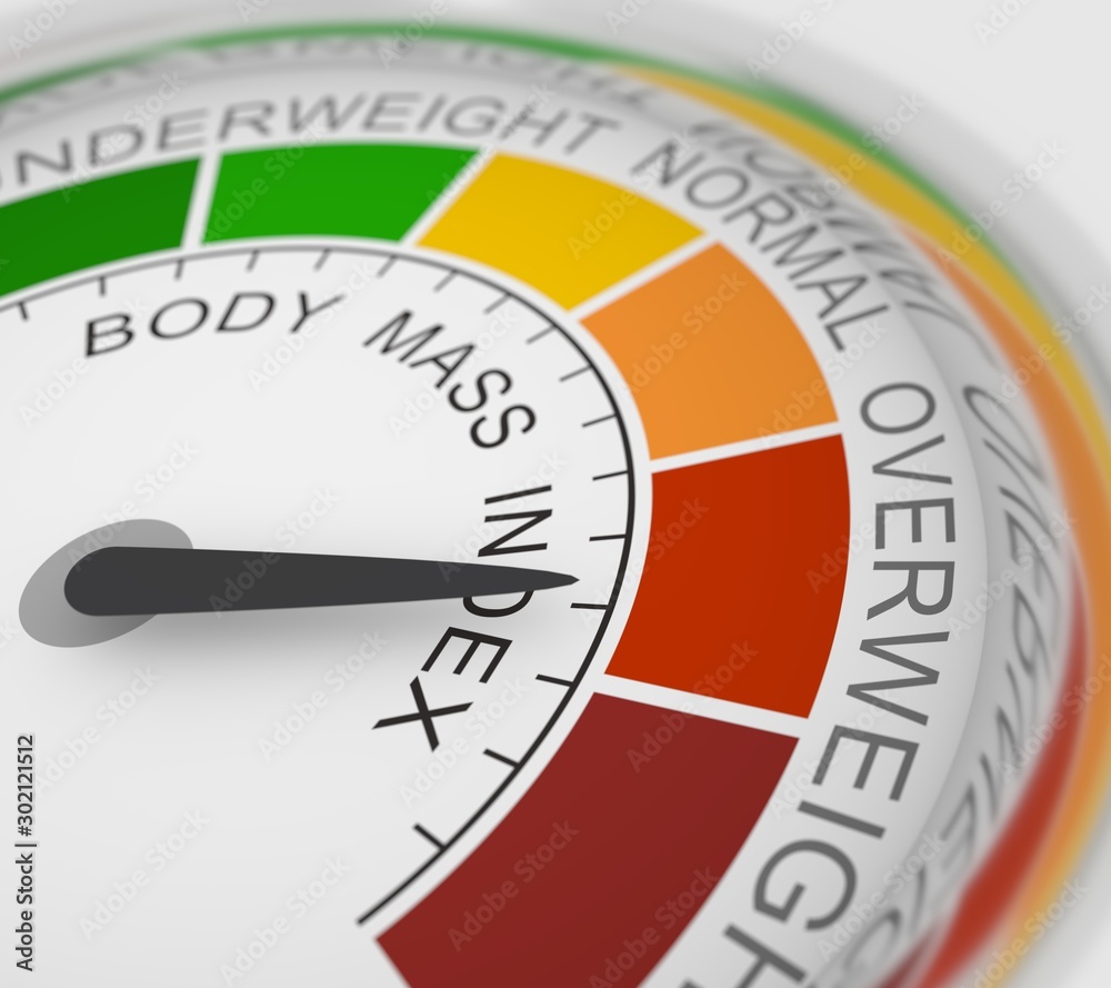 Body mass index meter read high level result. Color scale with arrow from red to green. The measuring device icon. Colorful infographic gauge element. 3D rendering Body mass index meter read high level result. Color scale with arrow from red to green. The measuring device icon. Colorful infographic gauge element. 3D rendering