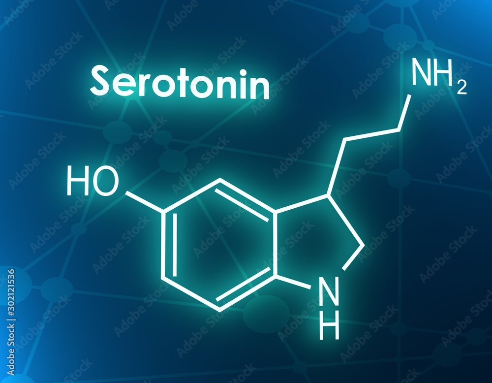 Chemical molecular formula hormone serotonin. Infographics illustration. 3D rendering