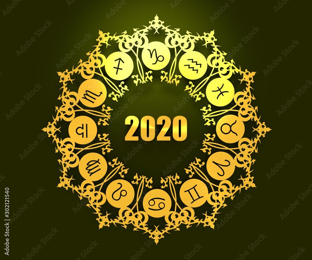 Naklejka premium Symbole astrologiczne w kręgu. . Szablon karty obchody nowego roku i Bożego Narodzenia. Koło zodiaku z numerem nowego roku 2020. Renderowanie 3D