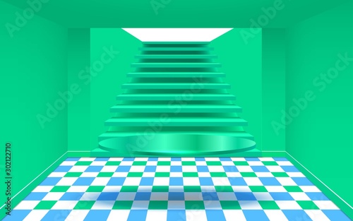 green staircase with green showcase in the green room