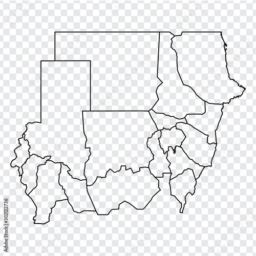 Blank map Republic of Sudan. High quality map of Sudan with provinces on transparent background for your web site design, logo, app, UI. Africa. EPS10.