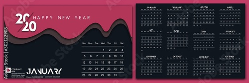 Happy new year 2020 Calendar Planner - New Year Holiday design elements for holiday cards, calendar banner poster for decorations, Vector Illustration Background.
