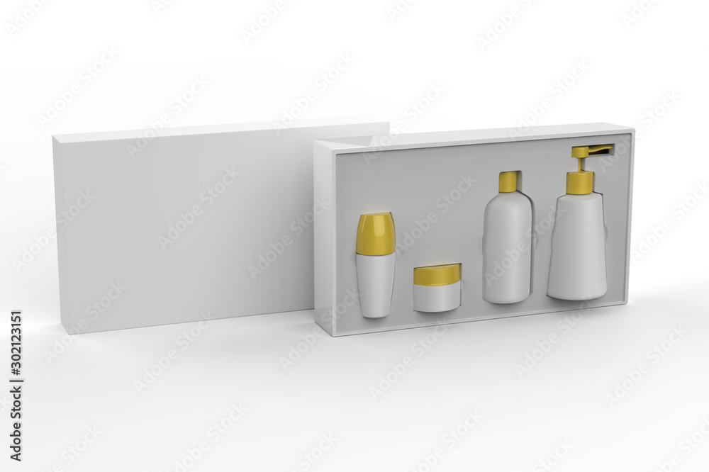 cosmetic bottle set in present box beauty product package blank templates of plastic containers. 3d illustration