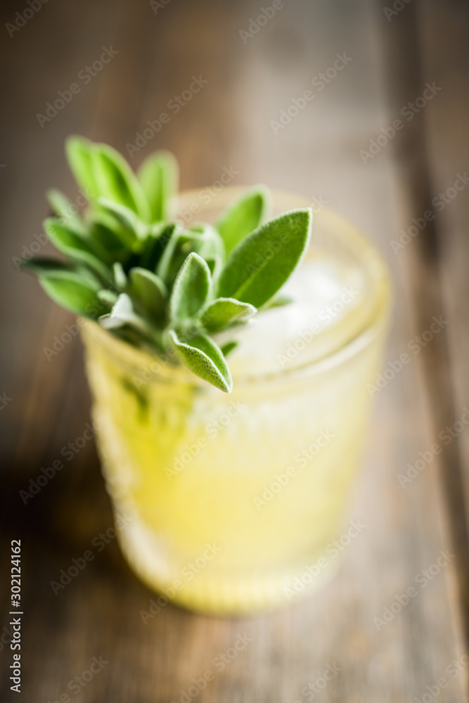 Gin based sweet old-fashioned cocktail mandarin juice and sage leaves on the rustic background. Selective focus. Shallow depth of field. Gin based sweet old-fashioned cocktail mandarin juice and sage leaves on the rustic background. Selective focus. Shallow depth of field.