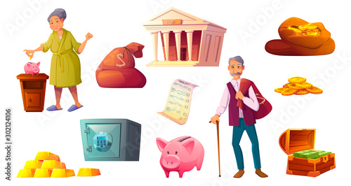 Pension fund, saving money cartoon icons vector illustration. Senior characters with their savings, pink piggy bank icon, bank building, safe deposit, chest bag and golden coins pile isolated on white