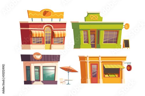 Fast food restaurant building cartoon vector illustration. Facades of food shops and cafes or bistros with signboards of coffee, pretzel, tacos. City small catering business building isolated on white