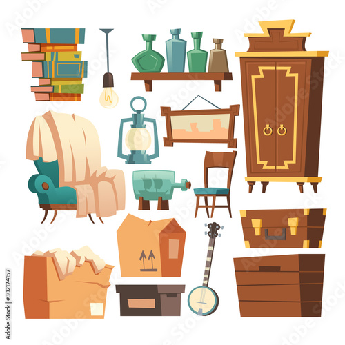 Old retro furniture set cartoon vector illustrations. Collection vintage elements for living room interior, armchair with plaid, wardrobe and chest of drawers, storage boxes and lamp isolated on white