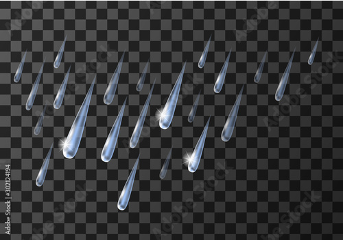 Rain weather meteo icon vector illustration. Realistic falling water droplets, element for weather forecast, wet rainy day pictogram, isolated on transparent background