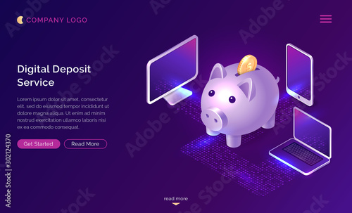 Digital deposit money service isometric concept vector illustration. Online banking, financial app. Big piggy bank with falling golden coin, mobile phone, laptop and computer icon isolated on purple