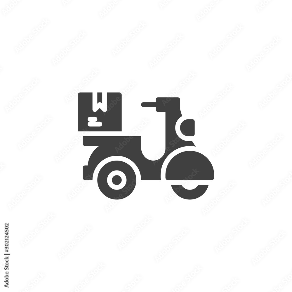 Delivery Scooter with parcel box vector icon. filled flat sign for mobile concept and web design. Express delivery service glyph icon. Symbol, logo illustration. Vector graphics