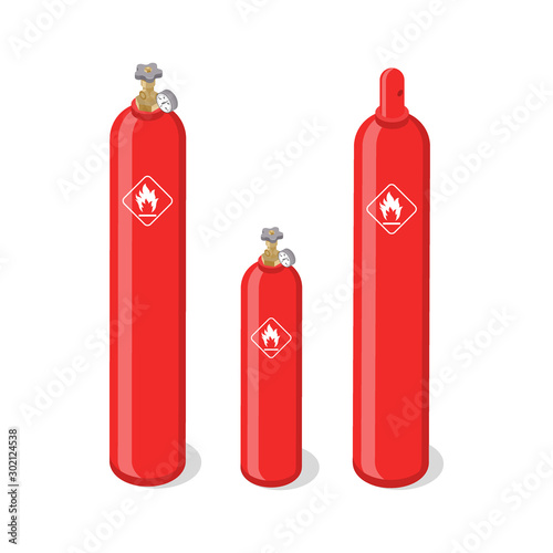 Set of metal containers or cylinders with liquefied compressed natural gases. Gas tanks balloons of various size isolated on white background. Isometric vector illustration.
