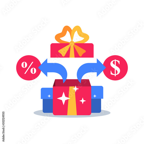 Special reward, prize giveaway, loyalty present, percentage sign, incentive or perks, bonus program